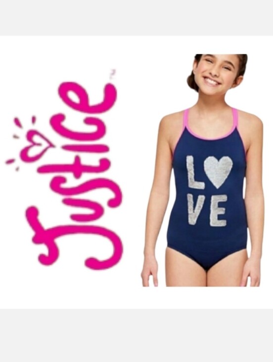Justice Other - Justice Girls Navy 1pc Swimsuit with Reversible Rainbow Sequin LOVE Detail Sz 14